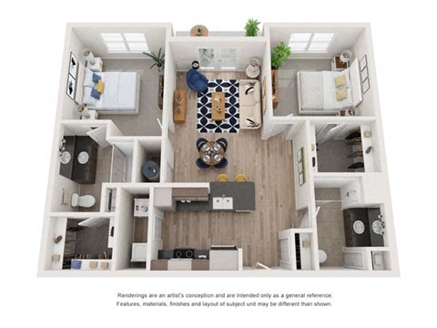 Floor plan for 2 beds, 2 baths, 1020 sqft